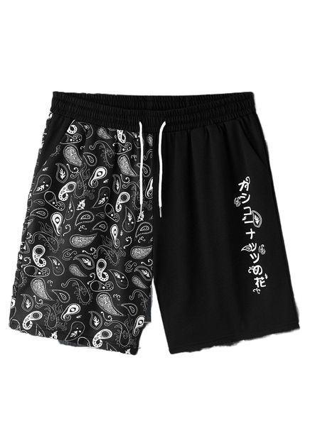 

men paisley & japanese letter graphic shorts q23d#, White;black