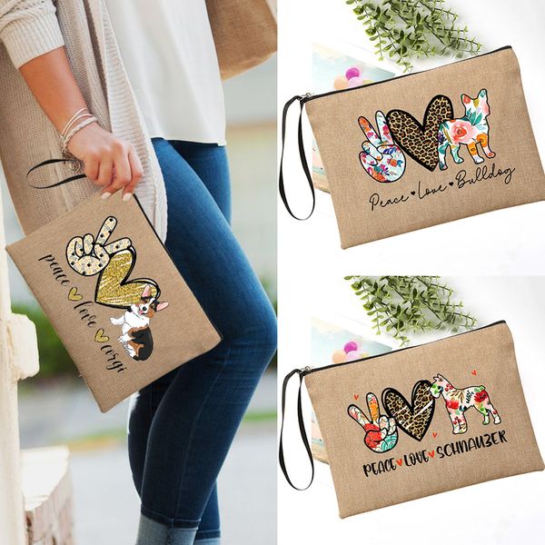 

peace love dogs funny dogs paws makeup bag corgi/bulldog/schnauger/ dog lovers makeup cosmetic cute toiletry bag zipper pouch 220421