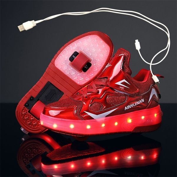 Çocuklar İki Tekerlek Aydınlık Parlayan Spor Ayakkabıları Siyah Pembe Kırmızı Led Işık Roller Skate Ayakkabıları Çocuk Led Ayakkabı Kızlar USB Şarj 220805