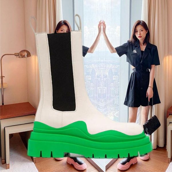 

two tone tire chelsea boots women platform chunky boot lady luxe design men calf desiger mid tube calfskin slip-on style round toe boots whi, Black