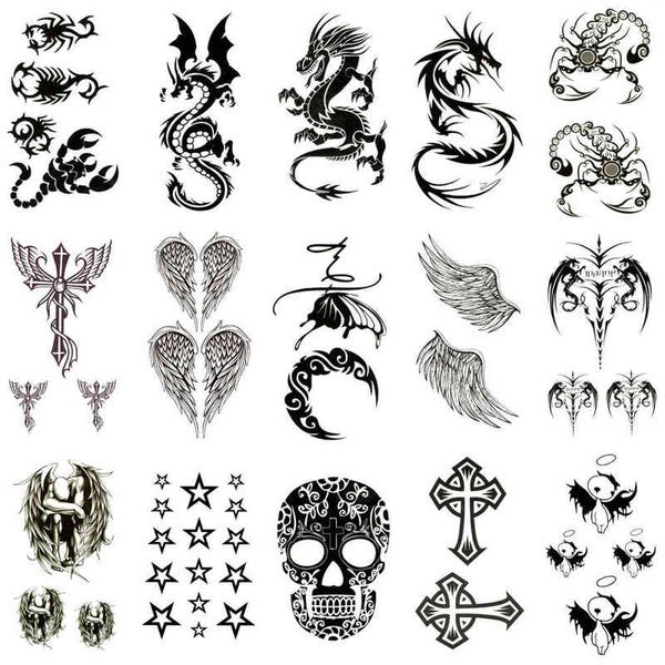 Tatuagem temporária nxy 30 pcs lote impermeável tatuagens falsas adesivos de água transferência de água preto dragão crânio para mulheres homens frescos totem body art maquiagem 0330