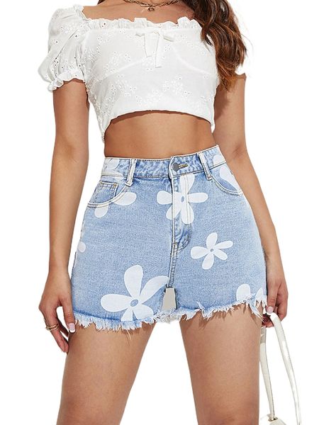 

floral print raw cut denim shorts l5pm#, White;black