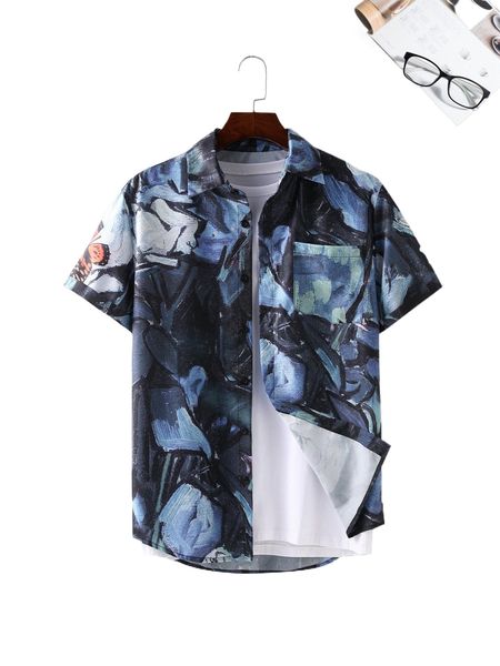 

men 1pc butterfly print pocket patched shirt j3mc#, White;black