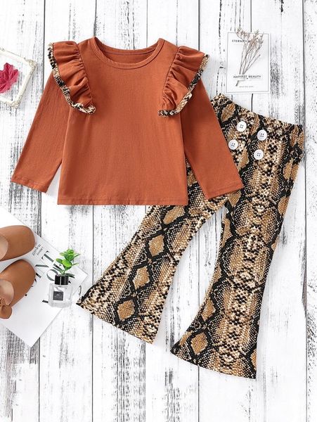 

toddler girls ruffle trim & snakeskin print flare leg pants she, White