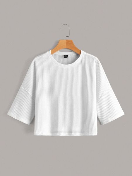 

ribbed knit solid drop shoulder crop h3gy#, White