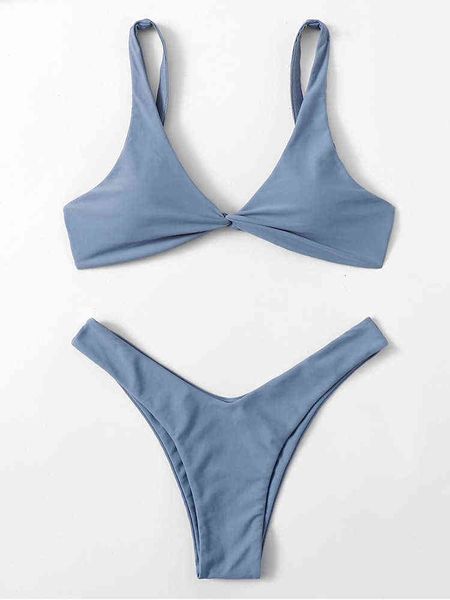 

knot solid color high foot bikini strap split swimsuit, White;black