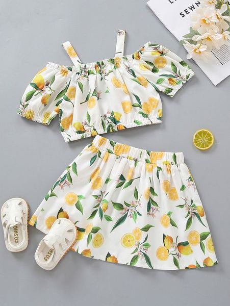 

toddler girls floral & fruit print cold shoulder & skirt she, White