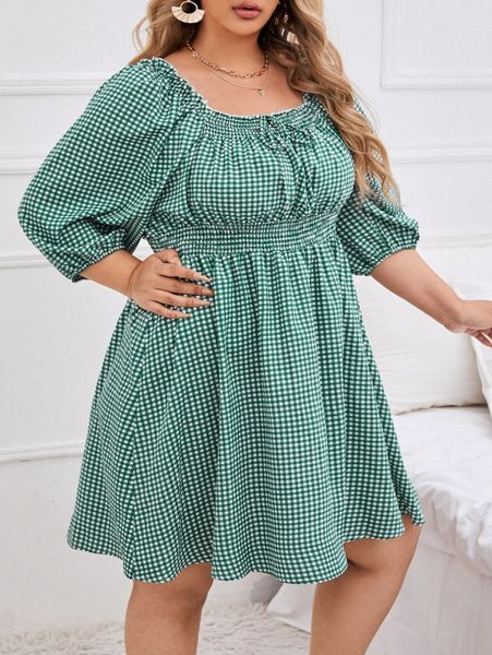 

plus gingham shirred waist knot front dress b485#, Black