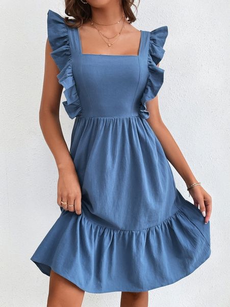 

tall square neck backless knot ruffle trim dress h1fx#, Black;gray