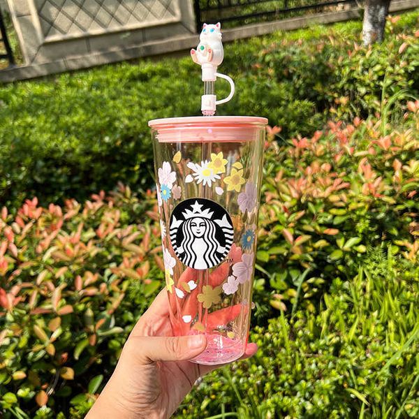 

starbucks 2021 pink cherry blossom goddess double glass straw cup large capacity drinking cup 591ml