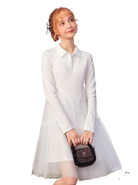 

teen girls contrast mesh flounce hem dress 580y#, Black;white