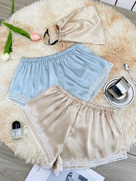 

2pcs contrast lace detail satin sleep shorts r9b1#, Black;red