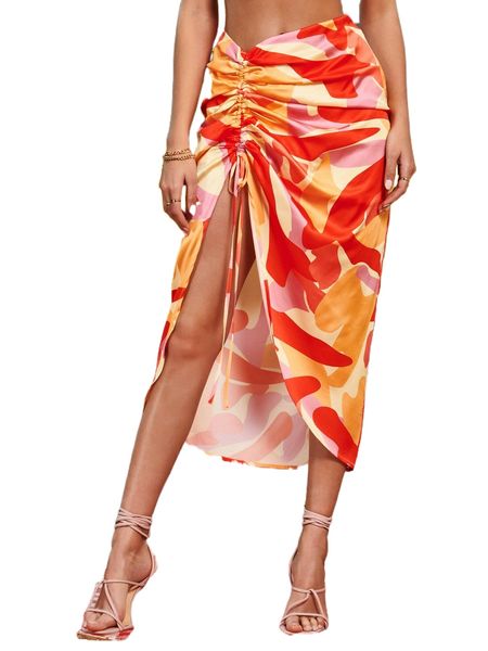 

colorblock drawstring ruched skirt j776#, Black