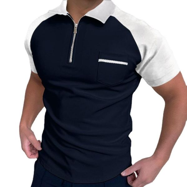 Polo da uomo con cerniera Camicie a maniche corte a contrasto di colore da uomo con una tasca frontale Colletto alla coreana alla moda Camicie da uomo