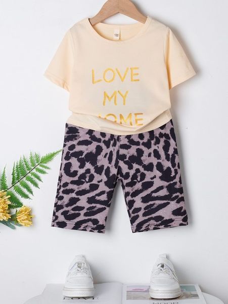 

toddler girls letter graphic tee & leopard shorts she, White