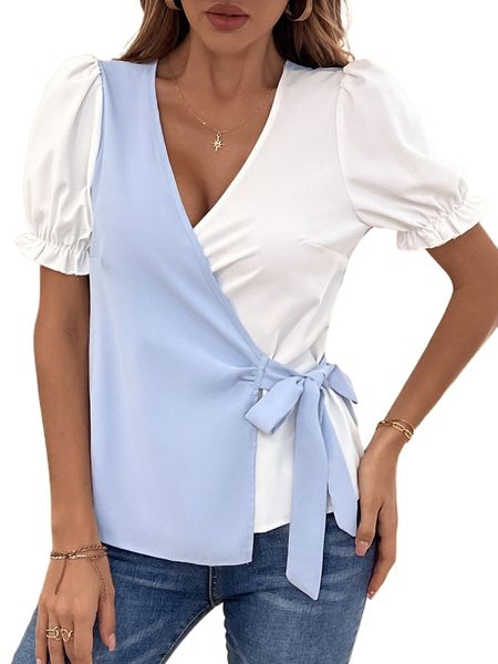 

two tone puff sleeve tie side blouse i1cg#, White