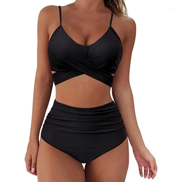 Mulheres de banho feminina Sexy Cantura alta mulher sólida Spaghetti Strap Bra Panties Biquíni Conjunto de maiô 2Pia 2022 Beach Bathing Suitão biquinis