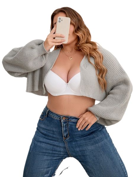 

plus rib-knit drop shoulder crop cardigan m3e9#, Black