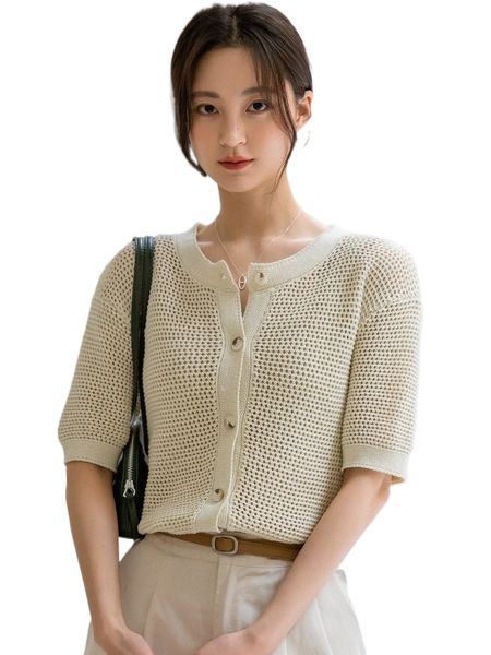 

dazy-less button through openwork cardigan r3ui#, White;black