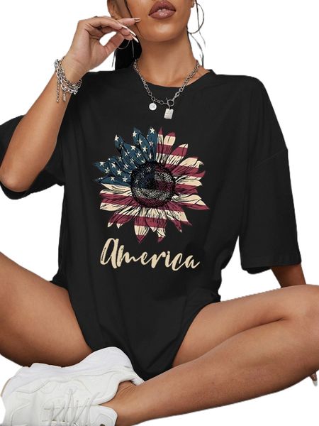 

americana sunflower and letter graphic drop shoulder tee i2ln#, White