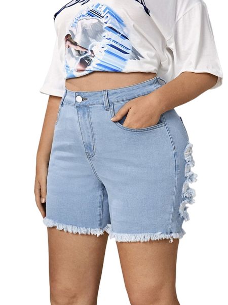 

plus ripped raw hem denim shorts 06or#, White;black