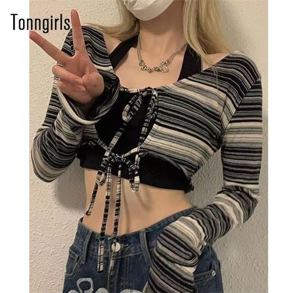 Tonngirls Grunge Tie Dye Crop Top 2 pezzi Donna Casual Y2k T-shirt vintage E Girl Streetwear Manica lunga Lace Up Tee Shirts 220728