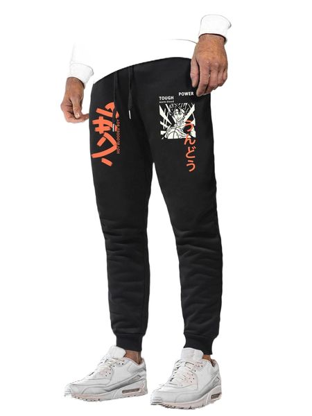 

men japanese letter & figure graphic drawstring waist sweatpants p8xi#, Black