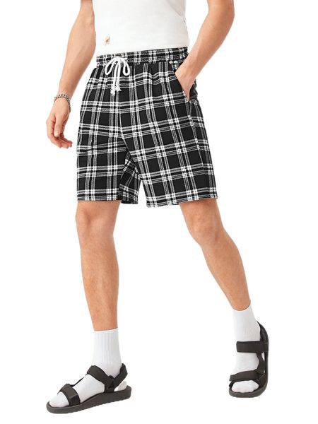 

men plaid drawstring waist track shorts b6v4#, White;black