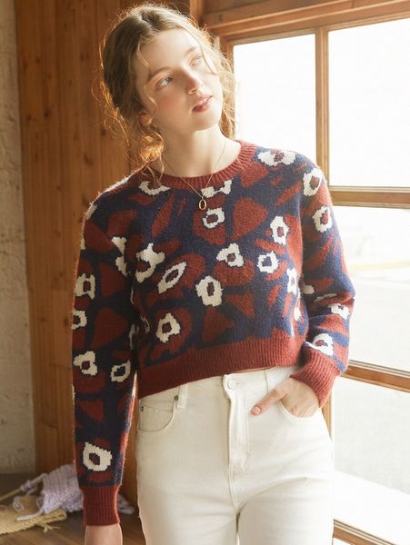 

flower and dalmatian pattern sweater 57ya#, White;black