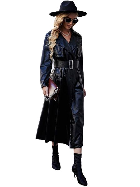 

lapel collar belted pu coat 49p5#, Black