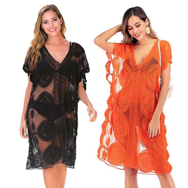 

women's swimwear summer women bikini cover up black lace hollow crochet swimsuit cover-ups bathing suit de playa beachwear tunic beach, White;black