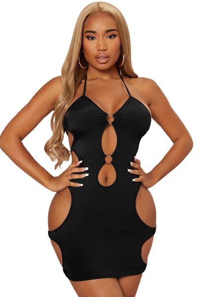 

sxy ring linked cut out tie backless halter bodycon dress a2zf#, Black;gray