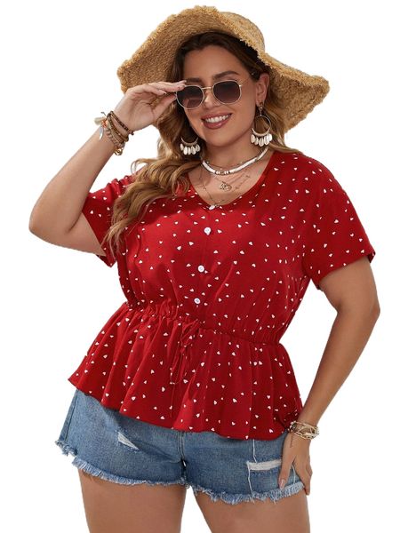 

plus confetti heart print knot front peplum blouse n2aa#, Black