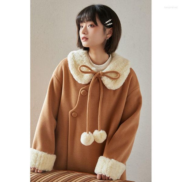 Miscele di lana da donna 2022 Giacca lunga spessa giapponese moda coreana Cappotto di pelliccia patchwork Kawaii Donna Ragazza Dolce allentato Capispalla caldo Cappotti Ber