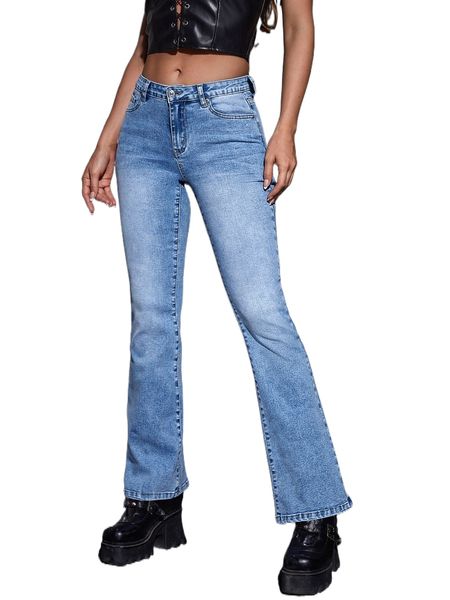 

single button flare leg jeans 21nq#, Blue