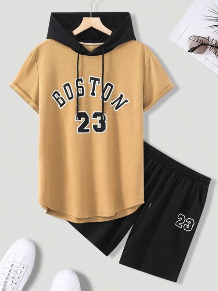 

men letter graphic high low drawstring hooded tee & shorts s6za#, Gray