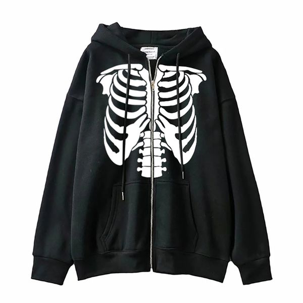 

skeleton zipper hoodie y2k harajuku long sleeve sweatshirt skull anime men women oversized hooded jacket gothic loose streetwear 220721, Black