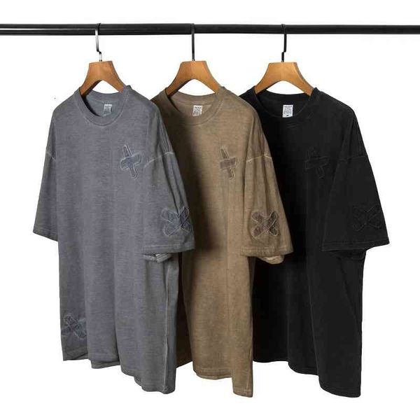 

men's t-shirts washed and made old stickers embroidered short sleeved men's women's oversize loose hip-hop solid color round, White;black