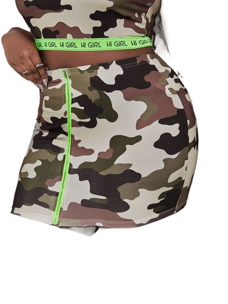 

sxy plus camo print zip front bodycon skirt l3dx#, Black