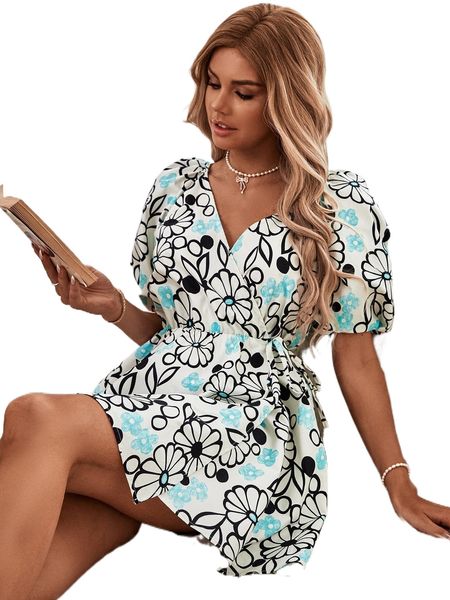 

random floral print puff sleeve knot side wrap dress t7q2#, Black;gray