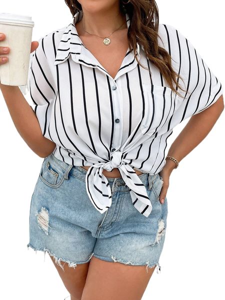 

plus striped print pocket patched shirt j31s#, Black