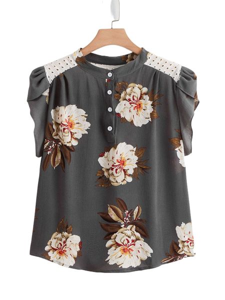 

plus half placket floral print blouse n266#, Black