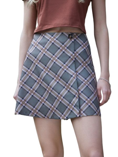 

romwe plaid one button detail skirt e8zq#, Black