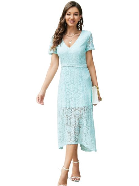 

floral pattern asymmetrical hem mesh dress 82hq#, Black;gray