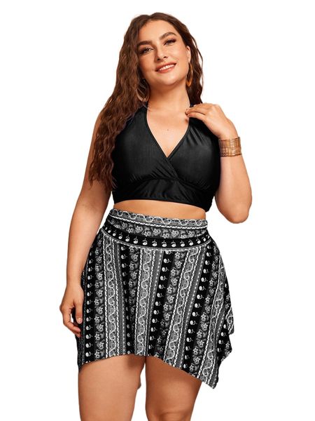 

plus ditsy floral print bikini swimsuit & beach skirt w9uj#, White;black