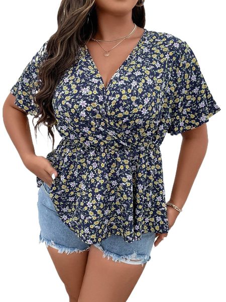 

plus ditsy floral butterfly sleeve peplum blouse b7ns#, Black