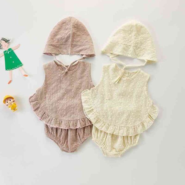 2022 Summer Girls Girls Clothing Conjunto de bordados Tops e Blommers Hats fofos 3 PCs Toddler Suits G220509