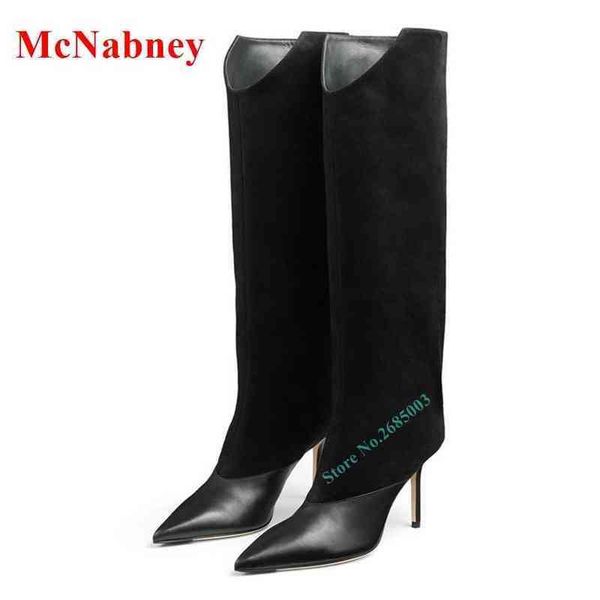 

suede patchwork knee high boots pointy toe thin high heel slip on boots winter shoe women party dress designer boots 220514, Black