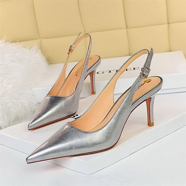 

summer women white 7cm thin high heels slingback sandals office lady blue gold silver heels sandals big size wedding shoes 210427, Black