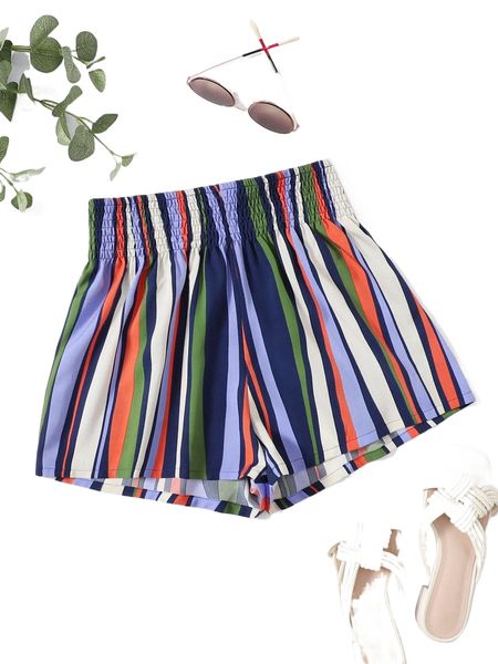 

shirred waist striped colorblock shorts o1dv#, White;black